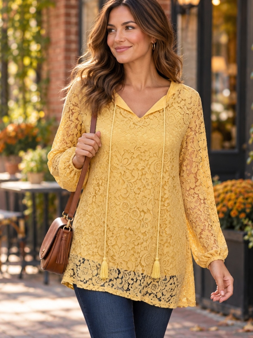 Yellow Lace Tie-Front Long Sleeve Top